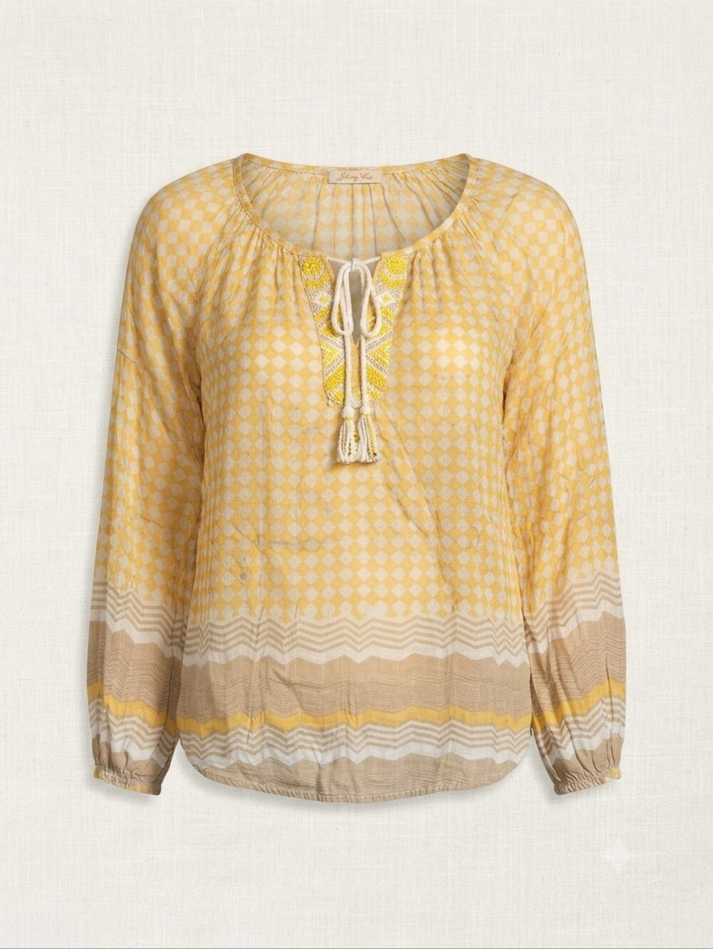 Derhy Beaded Bohemian V-Neck Blouse | Ivory & Mustard - Picture 3 of 9